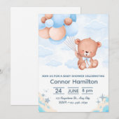 Blauw speelse teddybeer babyshower uitnodiging (Voorkant / Achterkant)