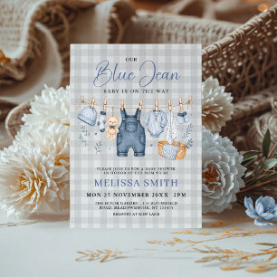 Blauw Spijkerbaby Geruite Gingham Denim Babyborrel Kaart