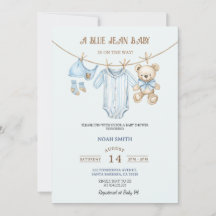 Blauw spijkerbroek baby shower uitnodiging | Teddy