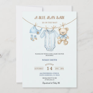 Blauw spijkerbroek baby shower uitnodiging Teddy