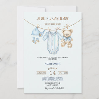 Blauw spijkerbroek baby shower uitnodiging | Teddy
