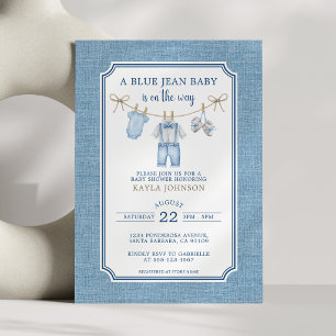 Blauw Spijkerbroek Baby Shower Waterverf Waslijn Kaart