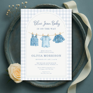 Blauw spijkerbroek baby waslijn geruite baby showe kaart