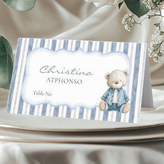 Blauw spijkerbroek babyfeest | Denim teddybeer taf Plaatskaartje