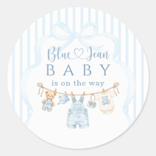 Blauw spijkerbroek babyfeest jongen moderne streep ronde sticker