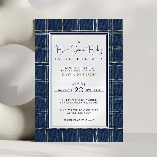Blauw spijkerbroek babyfeestje preppy geruit schri kaart