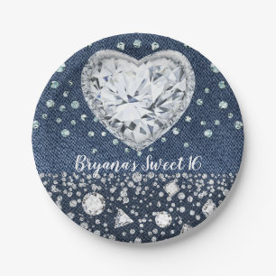 Blauw spijkerbroek denim & diamanten glinsteren di papieren bordje