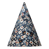 Blauw spijkerbroek denim patchwork schedels en blo feesthoedjes (Achterkant)