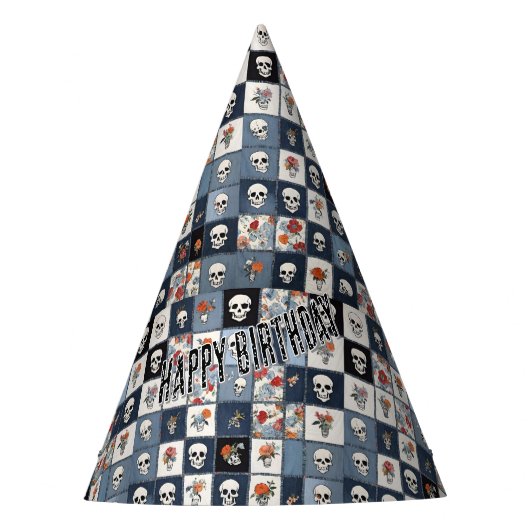 Blauw spijkerbroek denim patchwork schedels en blo feesthoedjes (Voorkant)