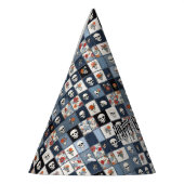 Blauw spijkerbroek denim patchwork schedels en blo feesthoedjes (Links)
