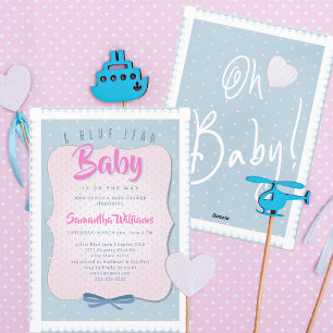 Blauw spijkerbroekje baby, Cute roze denim meisje Kaart