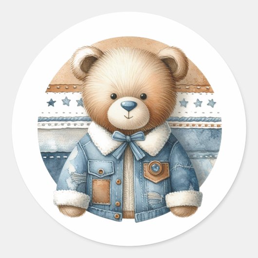 Blauw spijkerbroekje baby denim teddybeer babyfees ronde sticker (Voorkant)