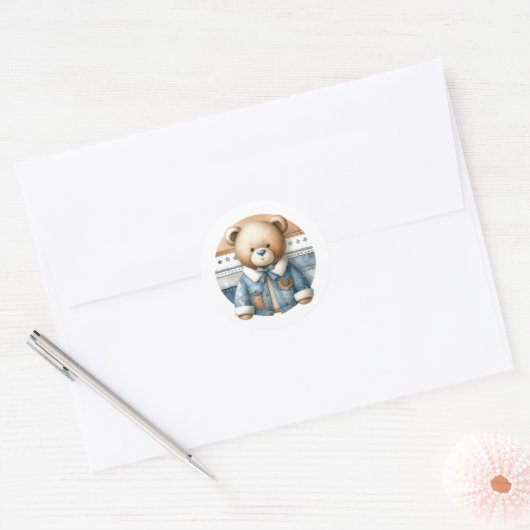 Blauw spijkerbroekje baby denim teddybeer babyfees ronde sticker (Envelop)
