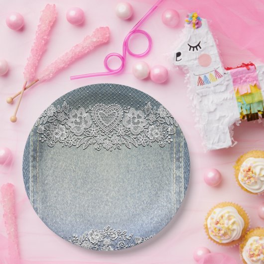 Blauw spijkerbroekje & witte hartkant bruiloftsdou papieren bordje (Feest)