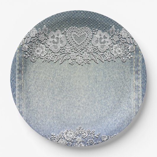 Blauw spijkerbroekje & witte hartkant bruiloftsdou papieren bordje (Voorkant)