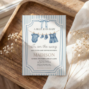 Blauw spijkerdenim baby shower meisje uitnodiging
