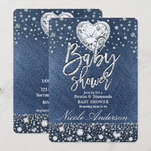 Blauw spijkerdenim & Bling Diamonds Baby Shower Kaart