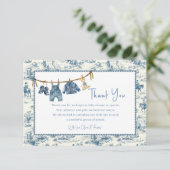 Blauw spijkerdenim jongen babyshower bedankkaart (Staand voorkant)
