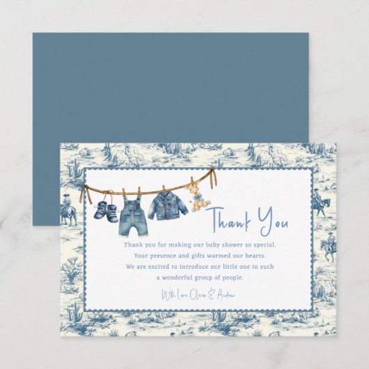 Blauw spijkerdenim jongen babyshower bedankkaart (Voorkant / Achterkant)