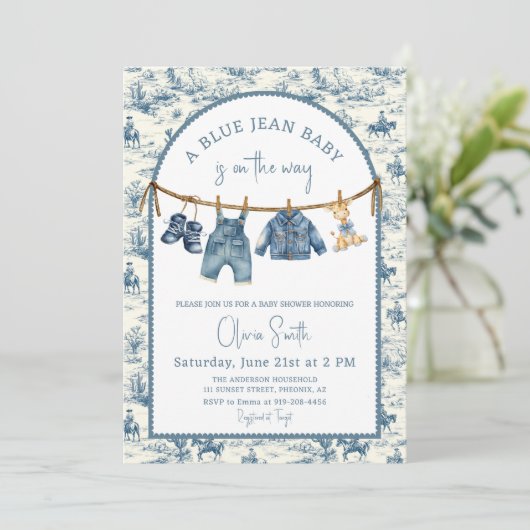 Blauw spijkerdenim jongens babyshower kaart (Staand voorkant)