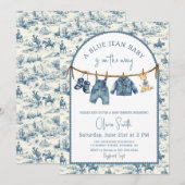 Blauw spijkerdenim jongens babyshower kaart (Voorkant / Achterkant)
