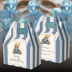 Blauw spijkerdenim teddybeer 1e verjaardag bedankdoosjes