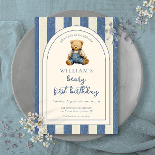 Blauw spijkerdenim teddybeer 1e verjaardag kaart