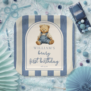 Blauw spijkerdenim teddybeer 1e verjaardag papieren bordje