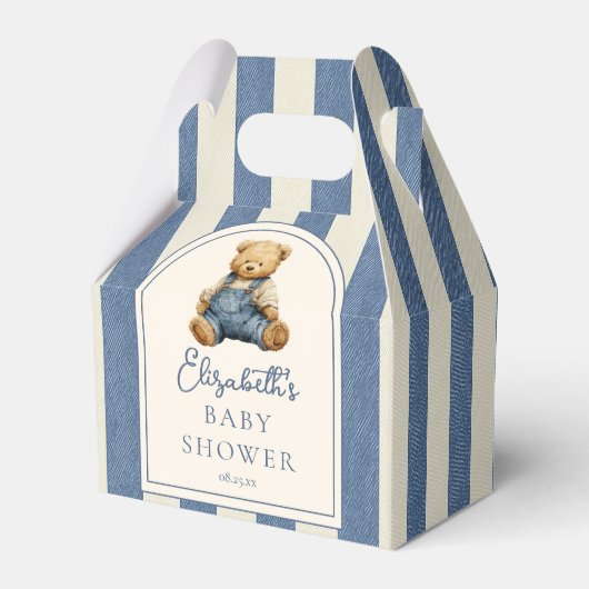 Blauw spijkerdenim teddybeer babyshower bedankdoosjes (Voorkant Zijde)