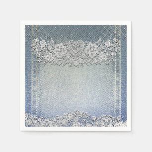 Blauw spijkergoed en witte kanten hart bruiloftsdo servet