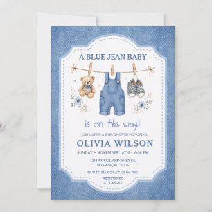 Blauw spijkergoed waslijn baby shower uitnodiging