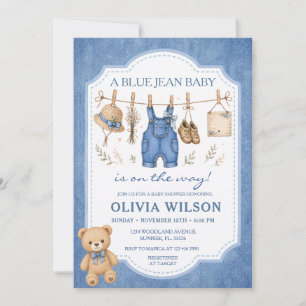 Blauw Spijkergoed Waslijn Meisje Baby Shower  Kaart