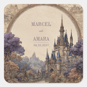 Blauw Spire Kasteel Boog Frame Vintage Trouwfeest Vierkante Sticker