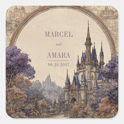 Blauw Spire Kasteel Boog Frame Vintage Trouwfeest Vierkante Sticker (Voorkant)