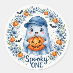 Blauw spook één pompoen sticker - jongen Halloween