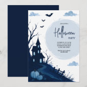 Blauw spookhuis Halloween-feest Kaart (Voorkant / Achterkant)