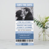 Blauw sportticket save the date (Staand voorkant)