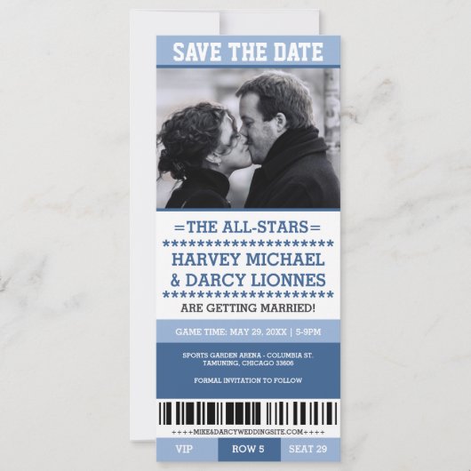 Blauw sportticket save the date (Voorkant)