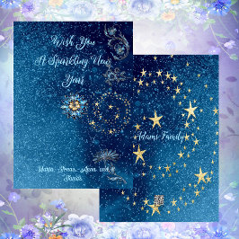 Blauw sprankelend Nieuwjaar Glitter Cheer Stars Fl Feestdagenkaart