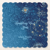 Blauw sprankelend Nieuwjaar Glitter Stars Bloemenf Kartonnen Onderzetters (Voorkant)
