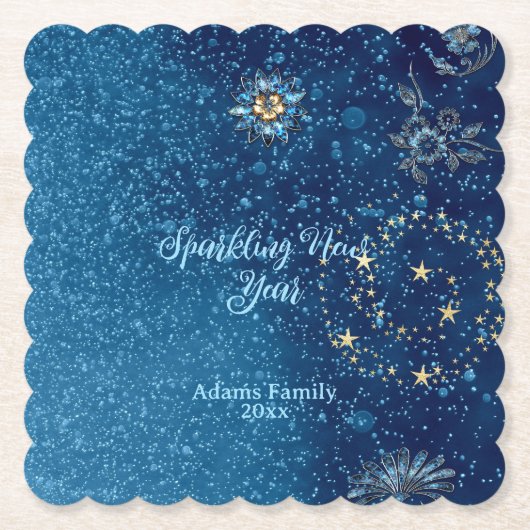 Blauw sprankelend Nieuwjaar Glitter Stars Bloemenf Kartonnen Onderzetters (Voorkant)