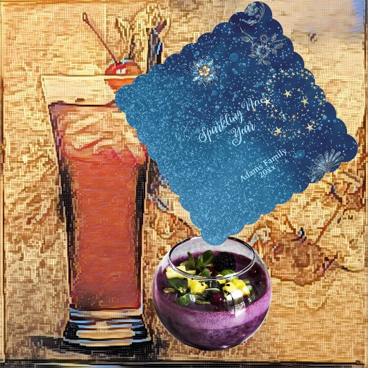 Blauw sprankelend Nieuwjaar Glitter Stars Bloemenf Kartonnen Onderzetters