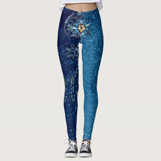 Blauw sprankelend Nieuwjaar Glitter Stars Bloemenf Leggings (Voorkant)