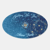 Blauw sprankelend Nieuwjaar Glitter Stars Bloemenf Ovale Sticker (Voorkant)
