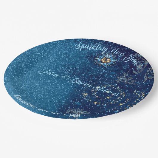 Blauw sprankelend Nieuwjaar Glitter Stars Bloemenf Papieren Bordje (Gekanteld)