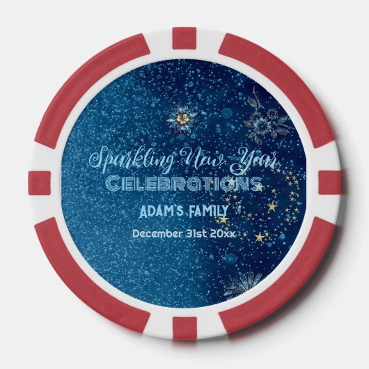 Blauw sprankelend Nieuwjaar Glitter Stars Bloemenf Poker Chips (Voorkant)