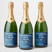 Blauw sprankelend Nieuwjaar Glitter Stars Bloemenf Sparkling Wijnetiket (Flessen)