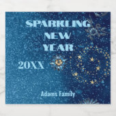 Blauw sprankelend Nieuwjaar Glitter Stars Bloemenf Sparkling Wijnetiket (Enkel label)