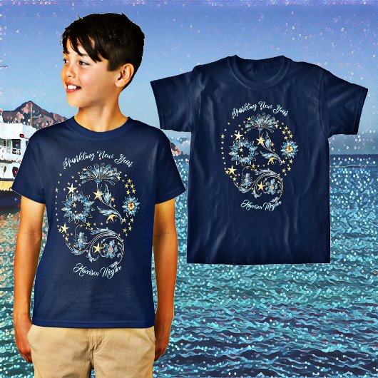 Blauw sprankelend Nieuwjaar Glitter Stars Bloemenf T-shirt