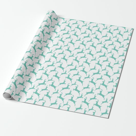 Blauw Springend Hert Kerstpatroon Cadeaupapier (Uitgerold)